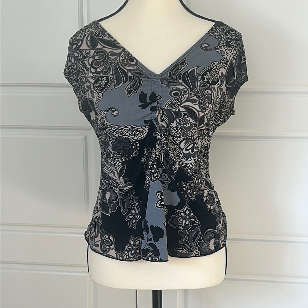 American City Wear Vintage Gray Cap Sleeve Blouse with Rouching Y2K